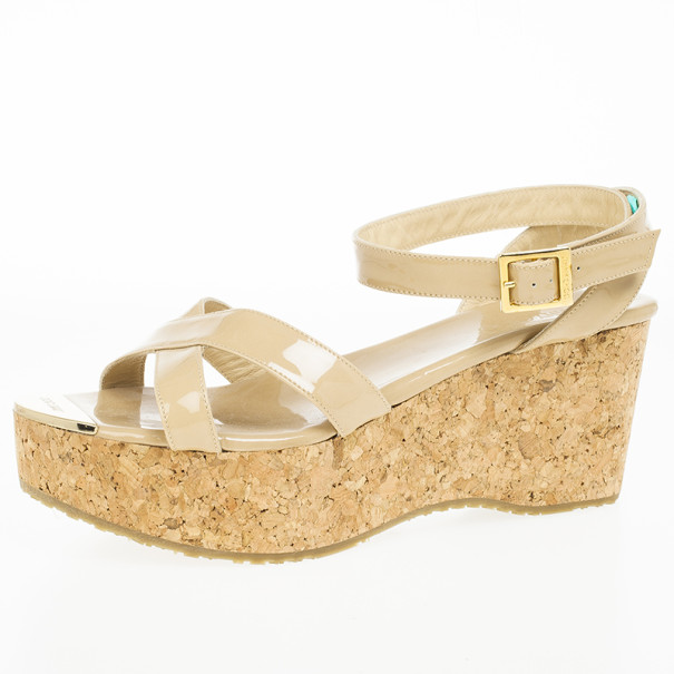 Jimmy Choo Nude Patent Panther Ankle Strap Cork Wedges Size 39