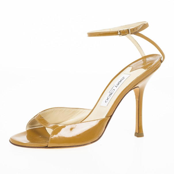 Jimmy Choo Tan Patent Leather Ankle Strap Sandals Size 37