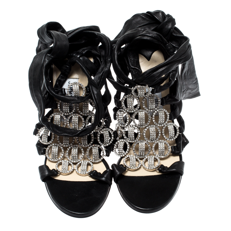 Pre-owned Jimmy Choo Black Leather Marine Crystal Embellished Tie Up Sandals Size 39