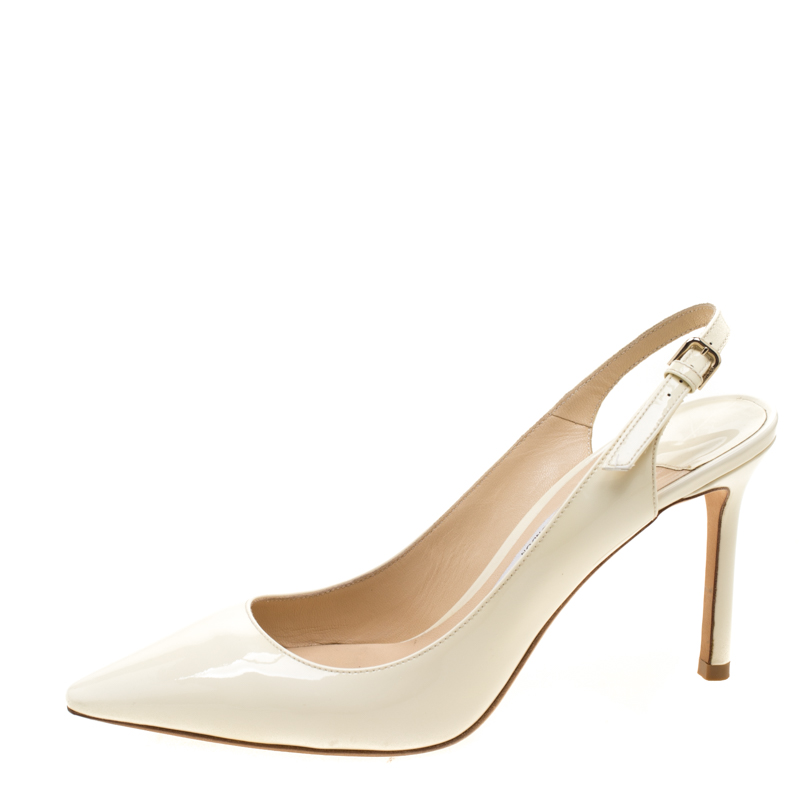 

Jimmy Choo White Patent Leather Slingback Pointed Toe Sandals Size