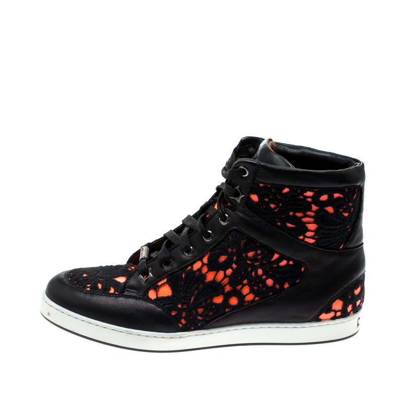 

Jimmy Choo Black/Neon Leather and Lace Tokyo High Top Sneakers Size