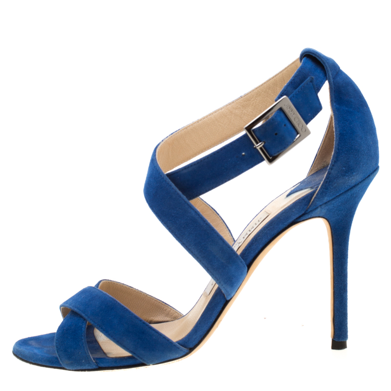 

Jimmy Choo Blue Suede Cross Ankle Strap Open Toe Sandals Size