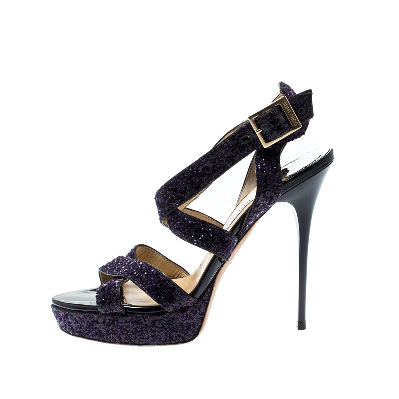 

Jimmy Choo Purple Glitter Vamp Ankle Strap Platform Sandals Size