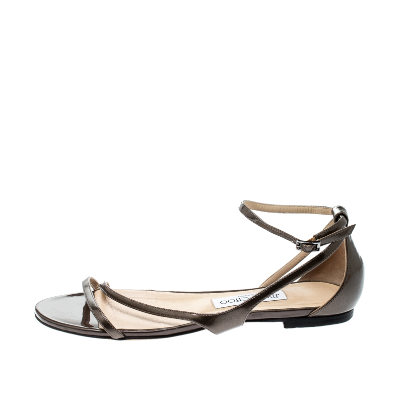 

Jimmy Choo Brown Patent Leather Tabitha Ankle Strap Flat Sandals Size