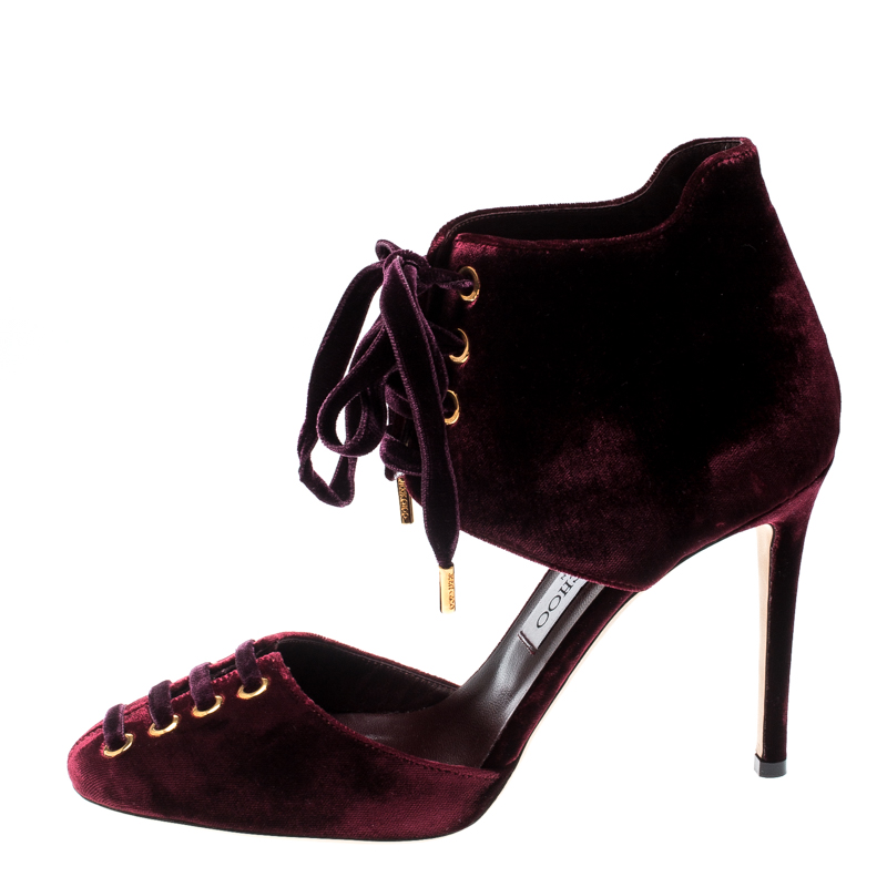 

Jimmy Choo Burgundy Velvet Mari Lace Up Pumps Size