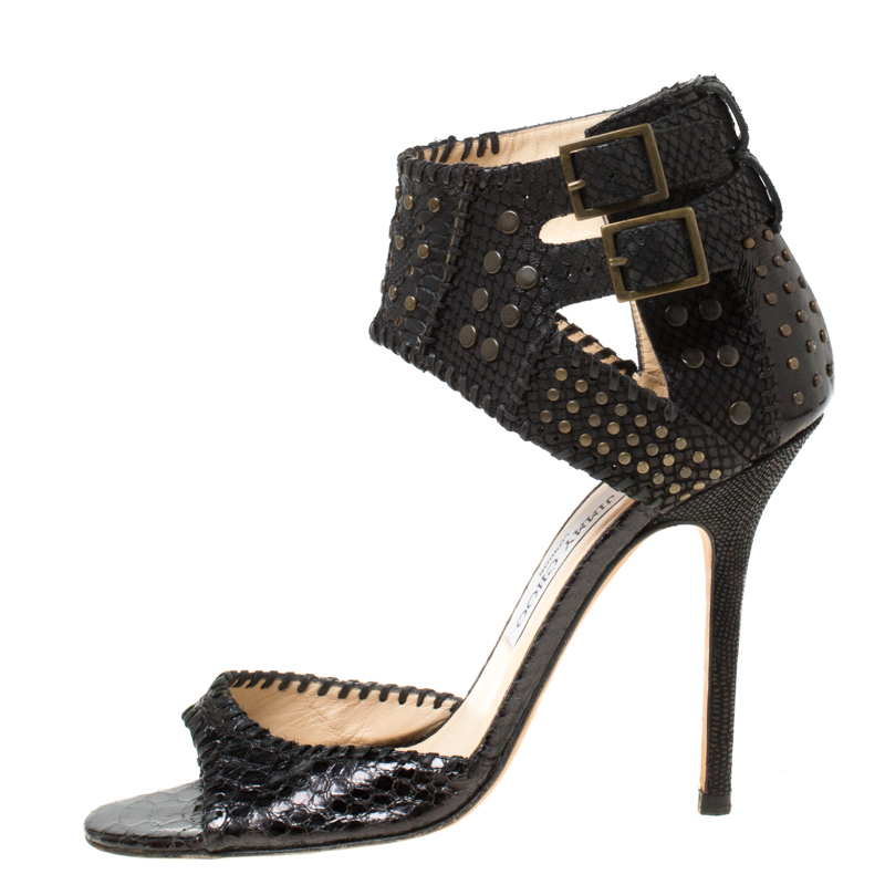 

Jimmy Choo Black Python Embossed Leather Studded Buckle Ankle Cuff Sandals Size