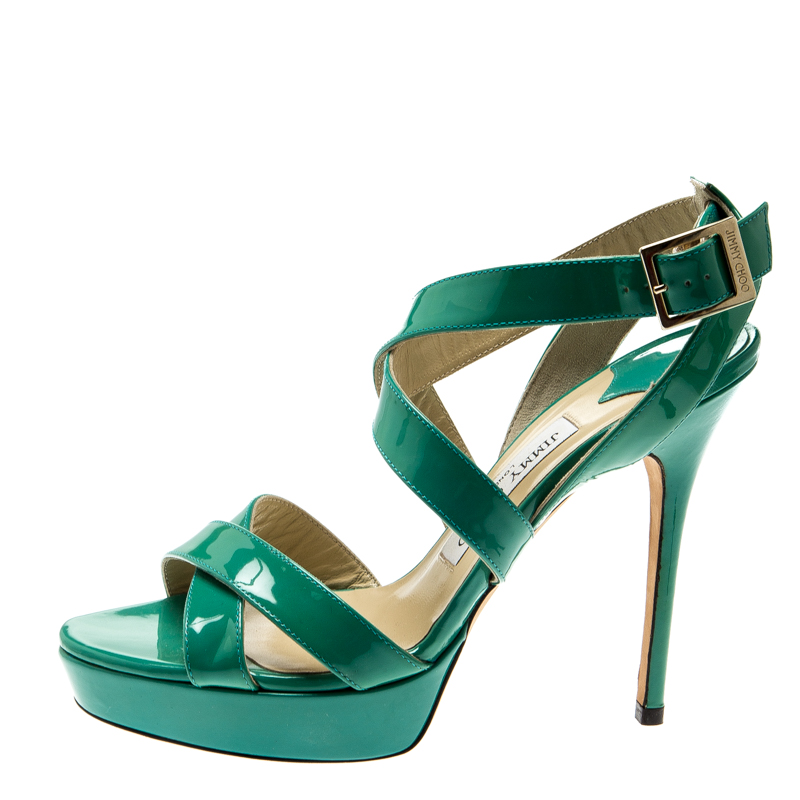 

Jimmy Choo Green Patent Leather Platform Ankle Strap Sandals Size