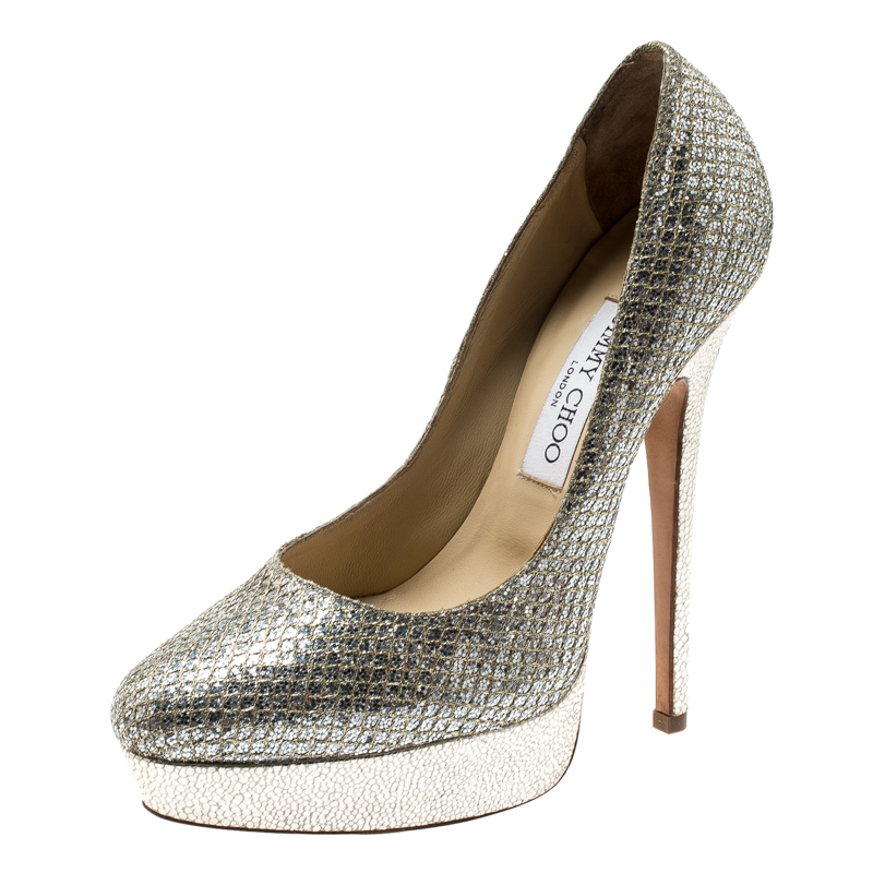 مملوكة مسبقًا حذاء كعب عالي جيمي تشو نعل سميك أليكس قماش لاميه شامبين ميتالك مقاس 38