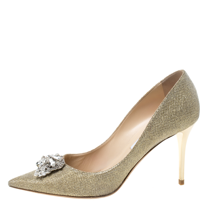 

Jimmy Choo Metallic Gold Glitter Fabric Mamey Embellished Pointed Toe Pumps