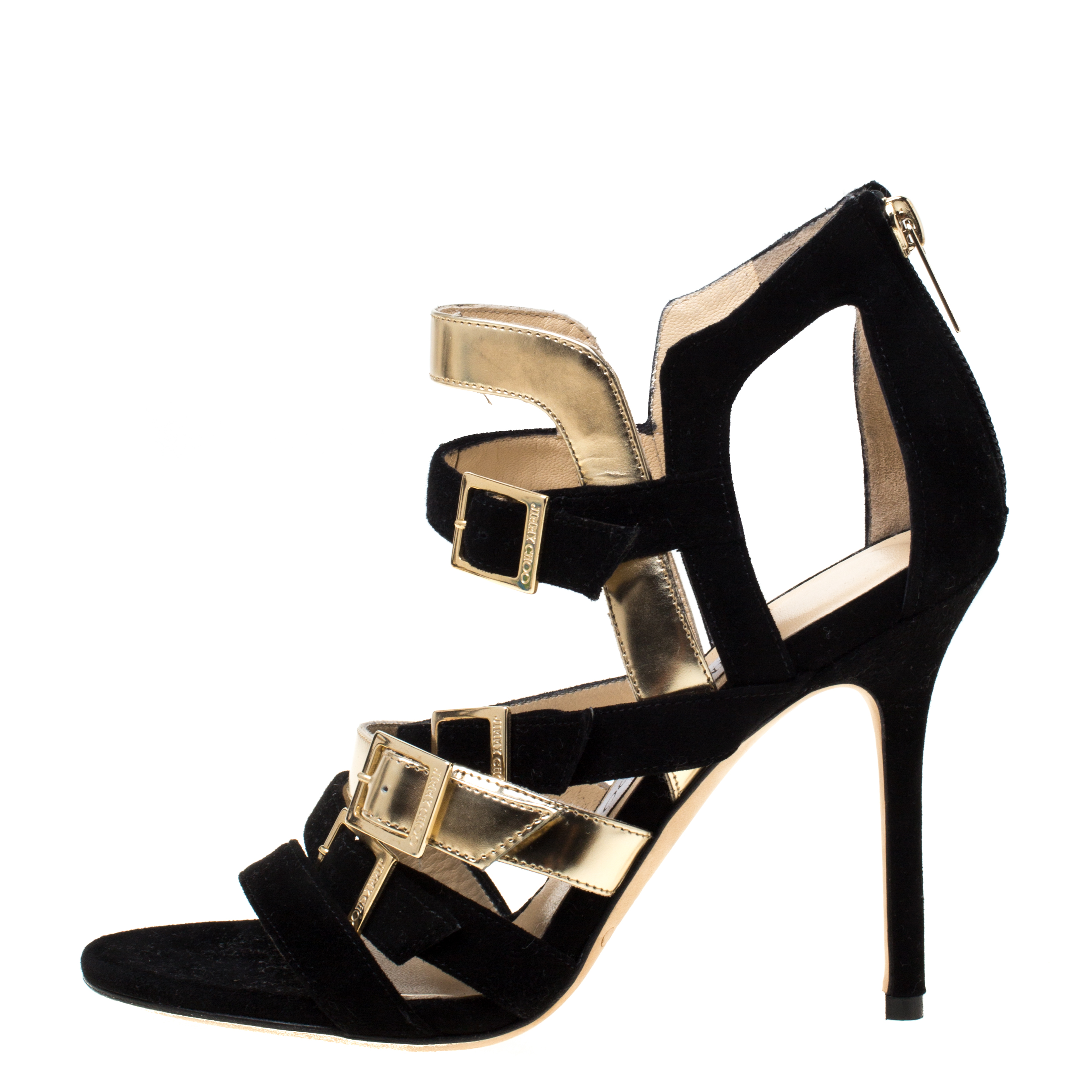 

Jimmy Choo Black Suede And Metallic Gold Leather Bronx Strappy Sandals Size