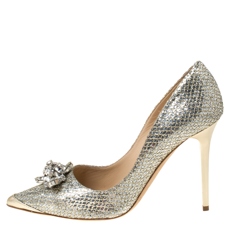 

Jimmy Choo Metallic Gold Glitter And Lace Dempsey Embellished Pointed Toe Pumps Size