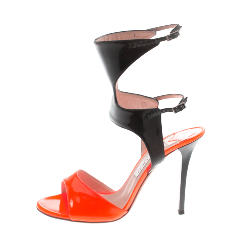 

Jimmy Choo Orange And Black Patent Leather Loop Ankle Cuff Open Toe Sandals Size