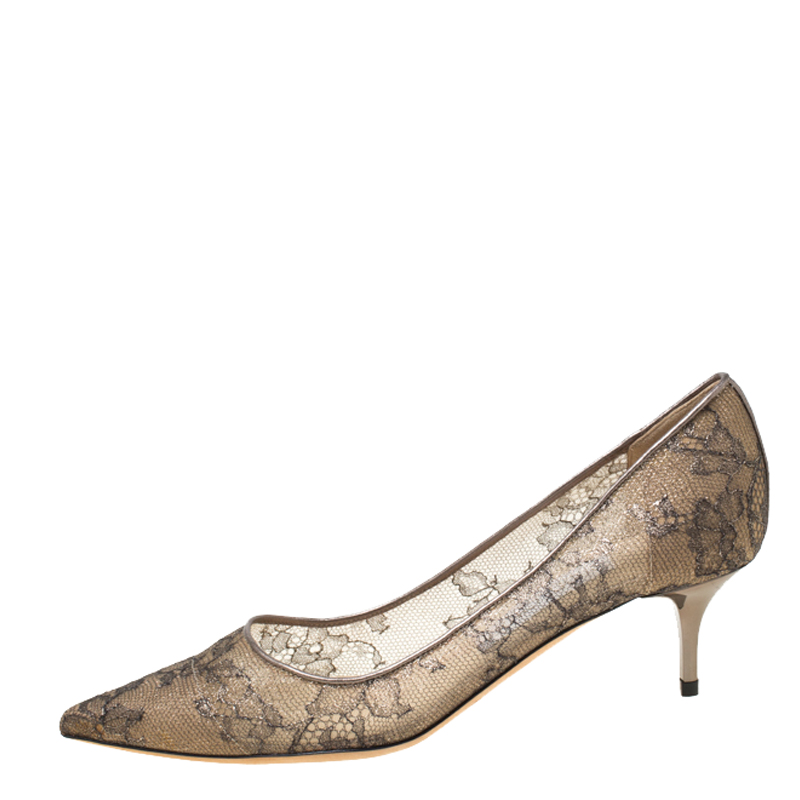 

Jimmy Choo Metallic Bronze Lace Romy Pointed Toe Pumps Size