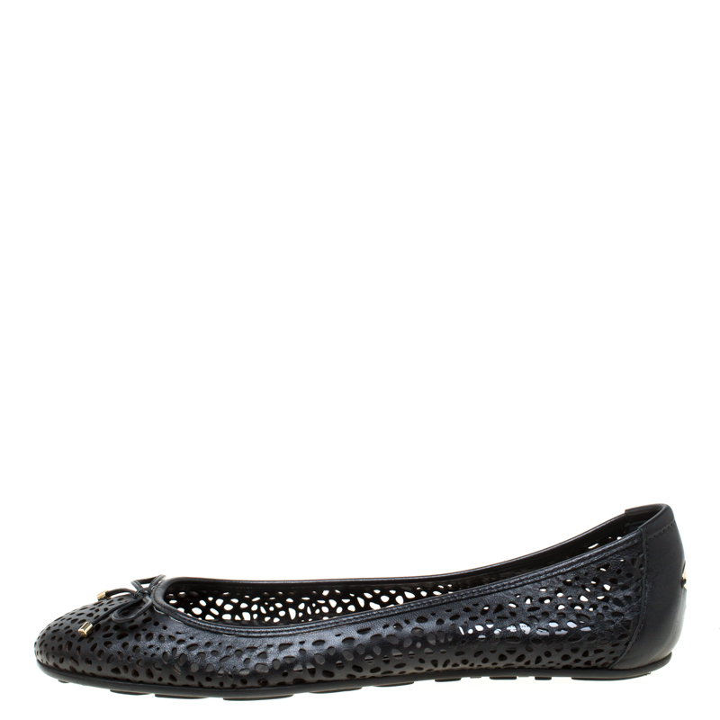 

Jimmy Choo Black Perforated Leather Walsh Bow Detail Ballet Flats Size