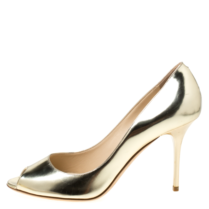 

Jimmy Choo Metallic Gold Leather Evelyn Peep Toe Pumps Size