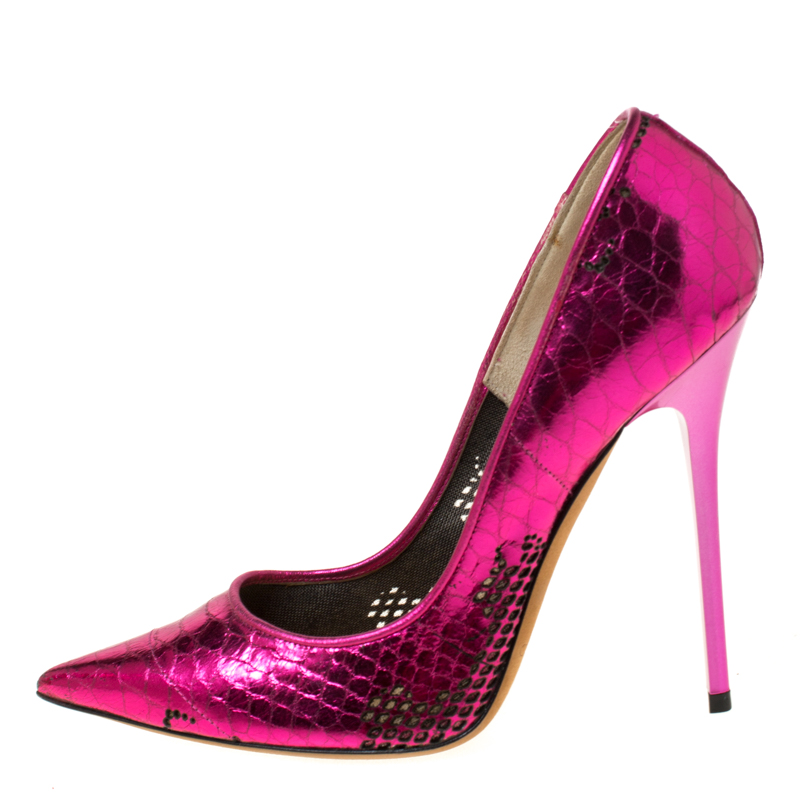 

Jimmy Choo Magenta Metallic Python Embossed Leather Tippi Pointed Toe Pumps Size, Pink