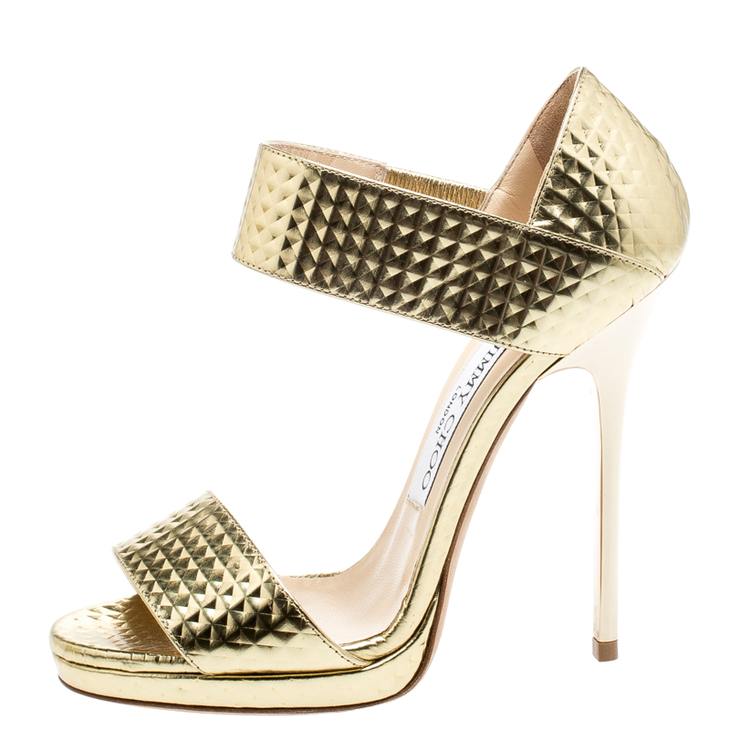 

Jimmy Choo Gold Metallic Textured Leather Open Toe Sandals Size
