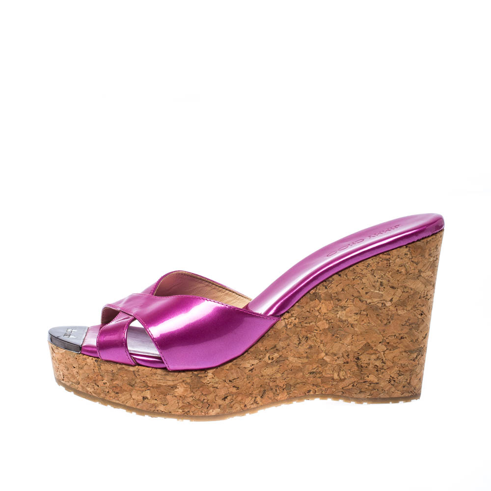 

Jimmy Choo Purple Patent Leather Prima Cork Wedge Slides Size