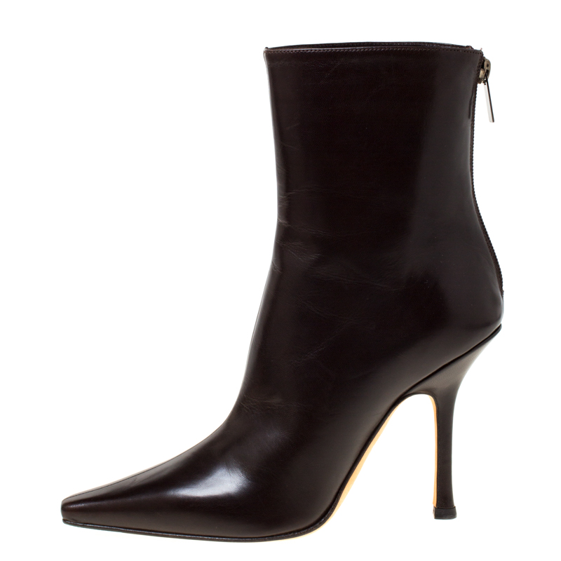 

Jimmy Choo Dark Brown Leather Zip Pointed Toe Ankle Boots Size