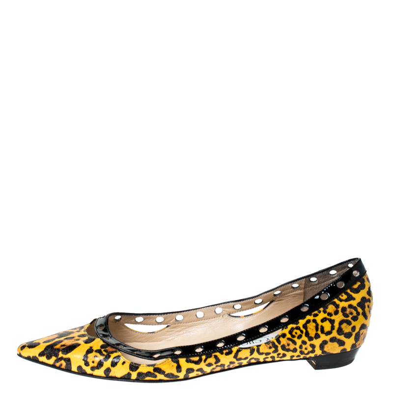 

Jimmy Choo Yellow Leopard Print Leather Pointed Toe Flats Size