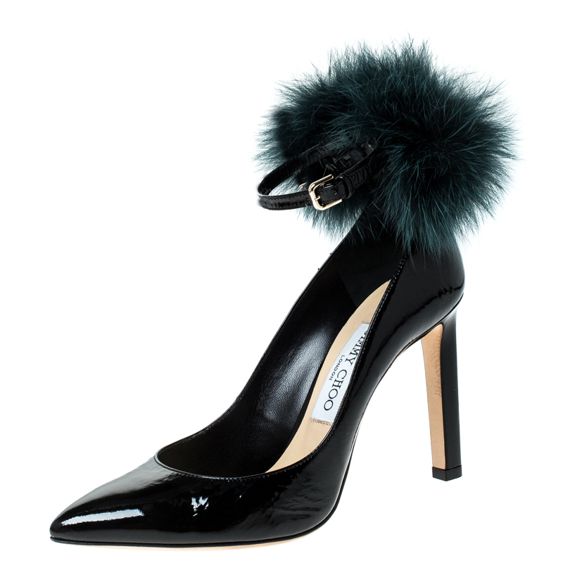 Pre Owned Jimmy Choo Black Patent Leather South Pom Pom Pointed Toe Pumps Size 37.5