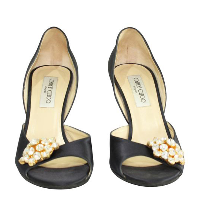 

Jimmy Choo Navy Blue Leather Embellished Open Toe Pumps Size, Black