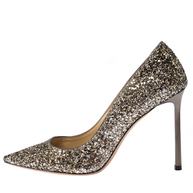 

Jimmy Choo Metallic Gold Glitter Romy Pointed Toe Pumps Size