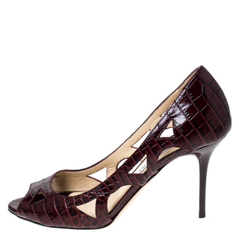 

Jimmy Choo Burgundy Croc Embossed Leather Eternal Cut Out Peep Toe Pumps Size