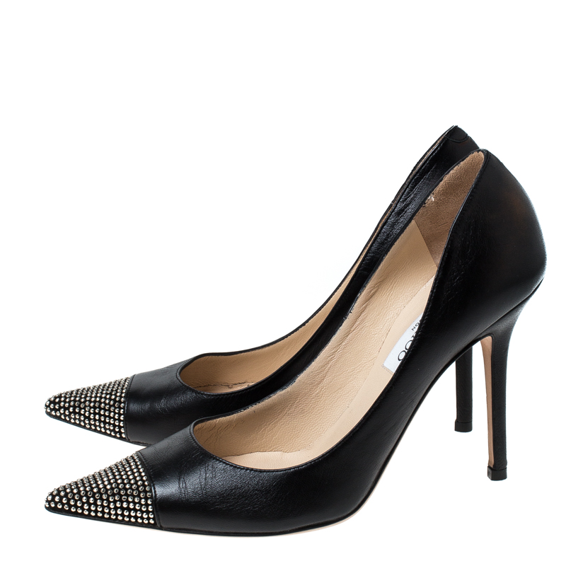 Pre Owned Jimmy Choo Black Leather Amika Embellished Pointed Toe Pumps Size 38
