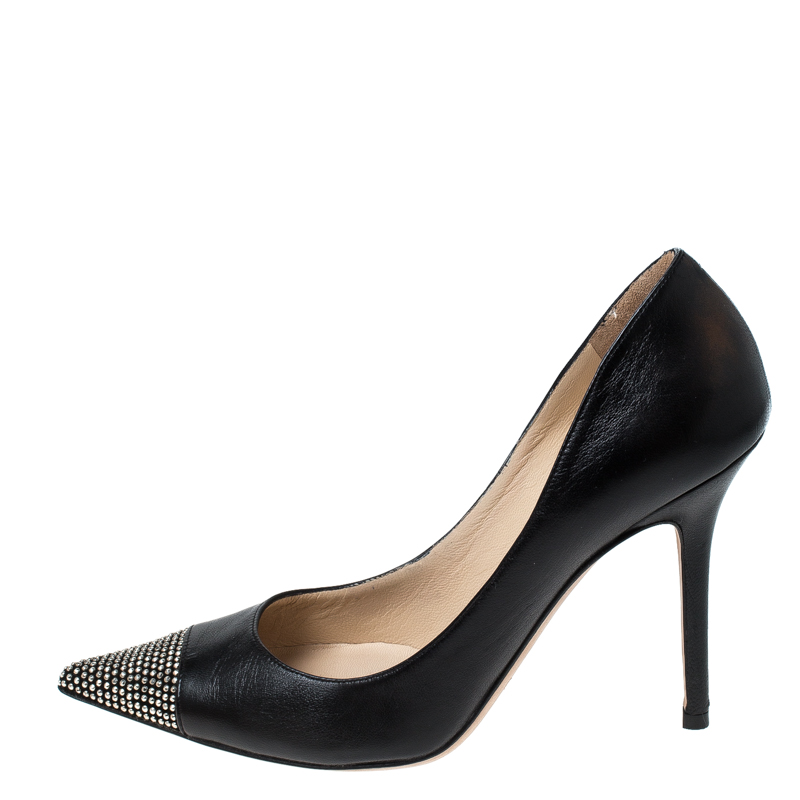 Pre Owned Jimmy Choo Black Leather Amika Embellished Pointed Toe Pumps Size 38