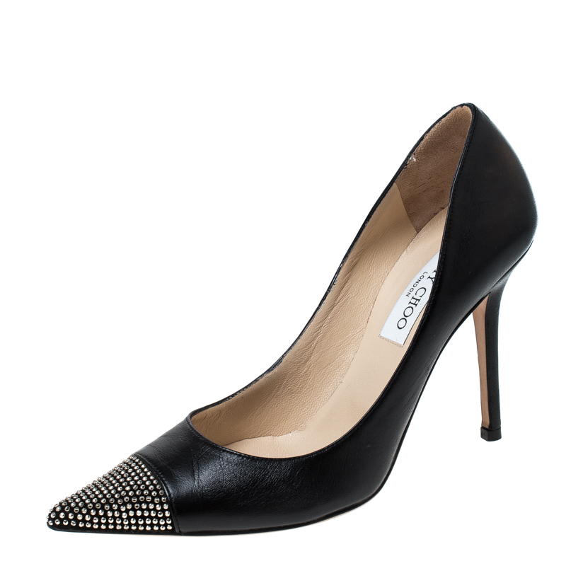 Pre Owned Jimmy Choo Black Leather Amika Embellished Pointed Toe Pumps Size 38