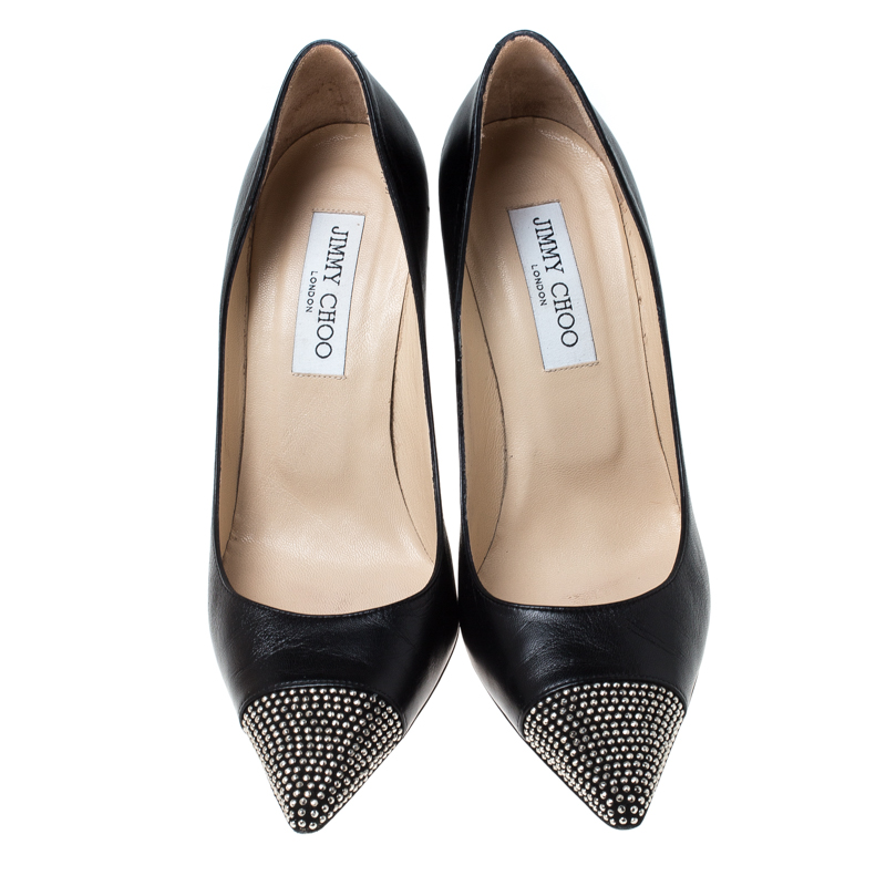 Pre Owned Jimmy Choo Black Leather Amika Embellished Pointed Toe Pumps Size 38