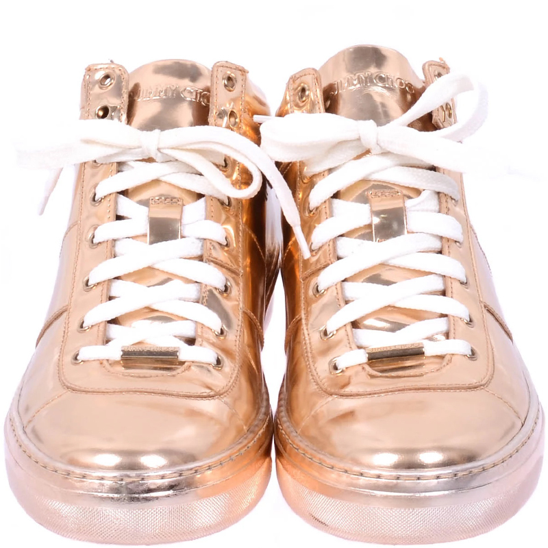 

Jimmy Choo Gold Leather High-Top Sneakers Size