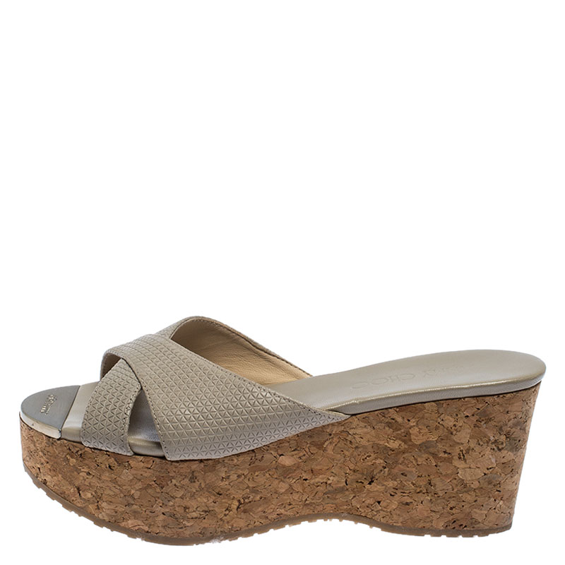 

Jimmy Choo Grey Leather Prima Cork Wedge Slides Size