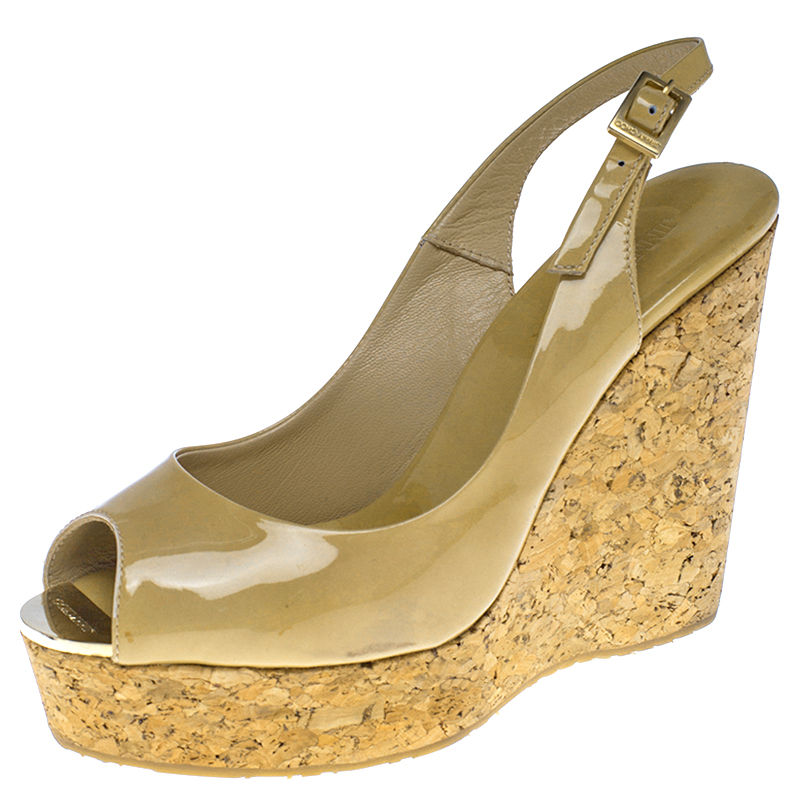 Pre Owned Jimmy Choo Beige Patent Leather Prova 120 Wedge Sandals Size 38.5