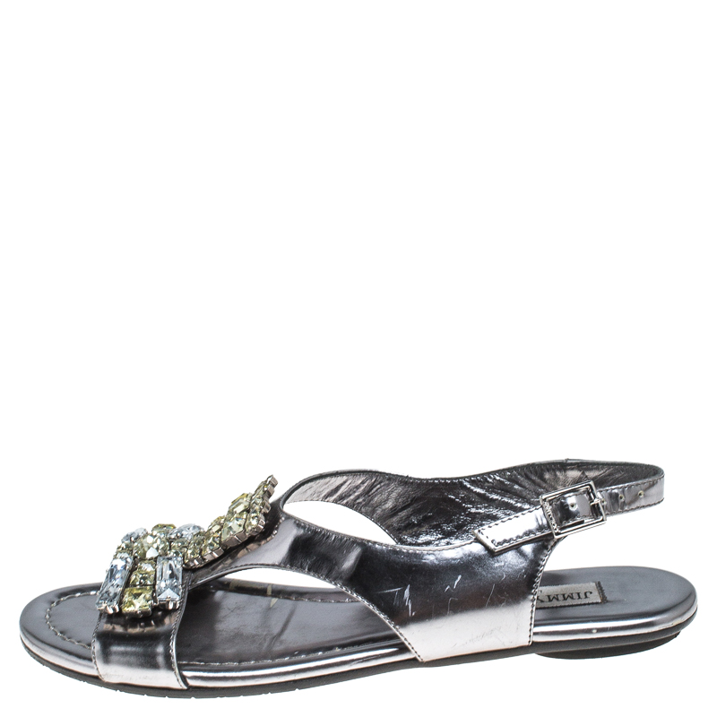 Jimmy Choo Silver Metallic Crystal Embellished Patent Leather Slingback Flat Sandals Size