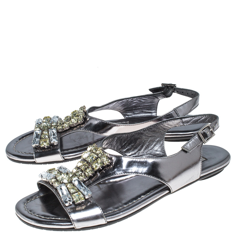 Pre-owned Jimmy Choo Silver Metallic Crystal Embellished Patent Leather Slingback Flat Sandals Size 36