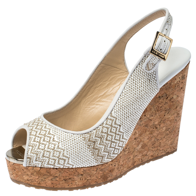 Pre Owned Jimmy Choo White Raffia Pela Slingback Peep Toe Cork Wedges Platform Sandals Size 37