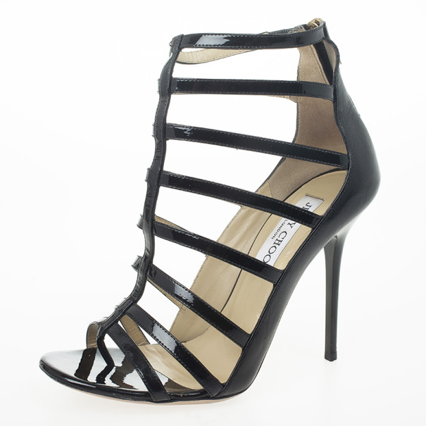 Pre Owned Jimmy Choo Black Patent Estoria Cage Sandals Size 38.5
