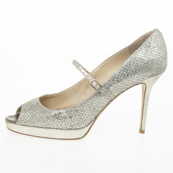 

Jimmy Choo Gold Glitter Mary Jane Peep Toe Pumps Size