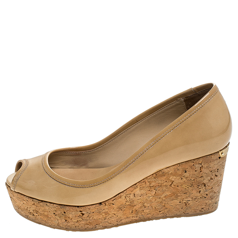 

Jimmy Choo Beige Patent Leather Cork Wedge Papina Pumps Size