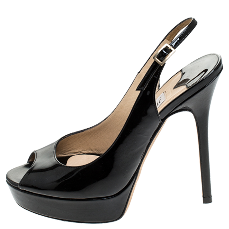 

Jimmy Choo Black Patent Leather Peep Toe Ankle Strap Platform Sandals Size