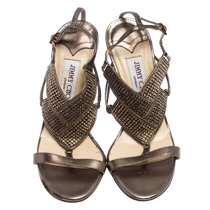 Pre-owned Jimmy Choo Metallic Bronze Leather Crystal Embellished Ankle Strap Sandals Size 36.5