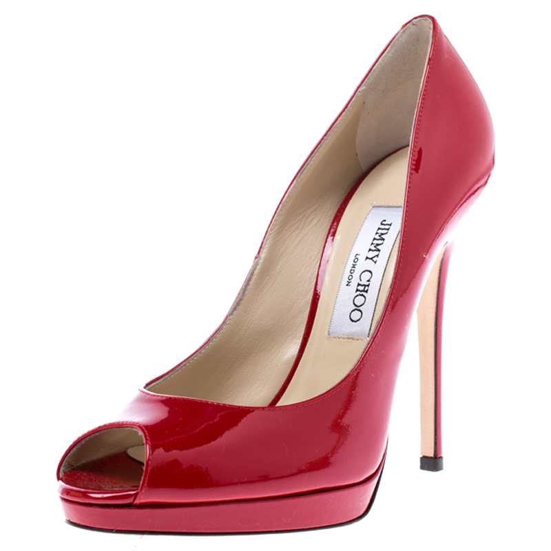 Jimmy Choo Red Patent Leather Quiet Peep Toe Pumps Size 37.5