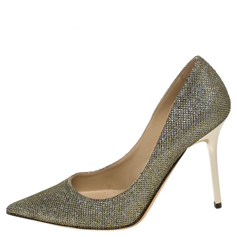 

Jimmy Choo Metallic Gold Lamé Glitter Fabric Romy Pointed Toe Pumps Size