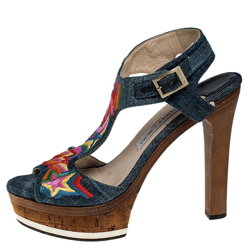 

Jimmy Choo Multicolor Denim Ankle Strap Platform Sandals Size, Blue