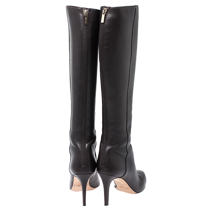 Pre-owned Jimmy Choo Dark Brown Leather Knee Boots Size 37.5