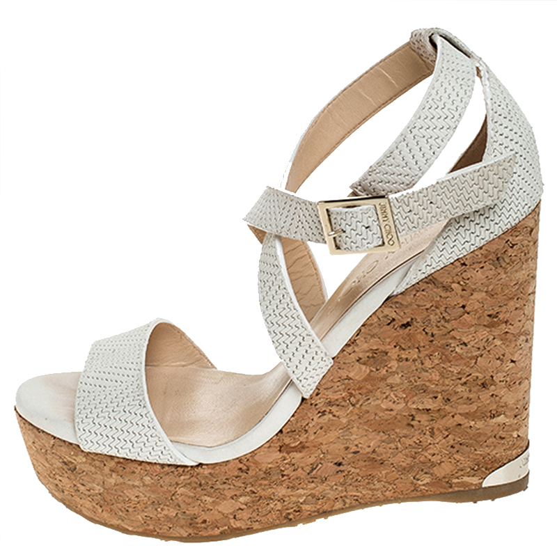 

Jimmy Choo White Woven Leather Portia Cork Wedge Platform Ankle Strap Sandals Size