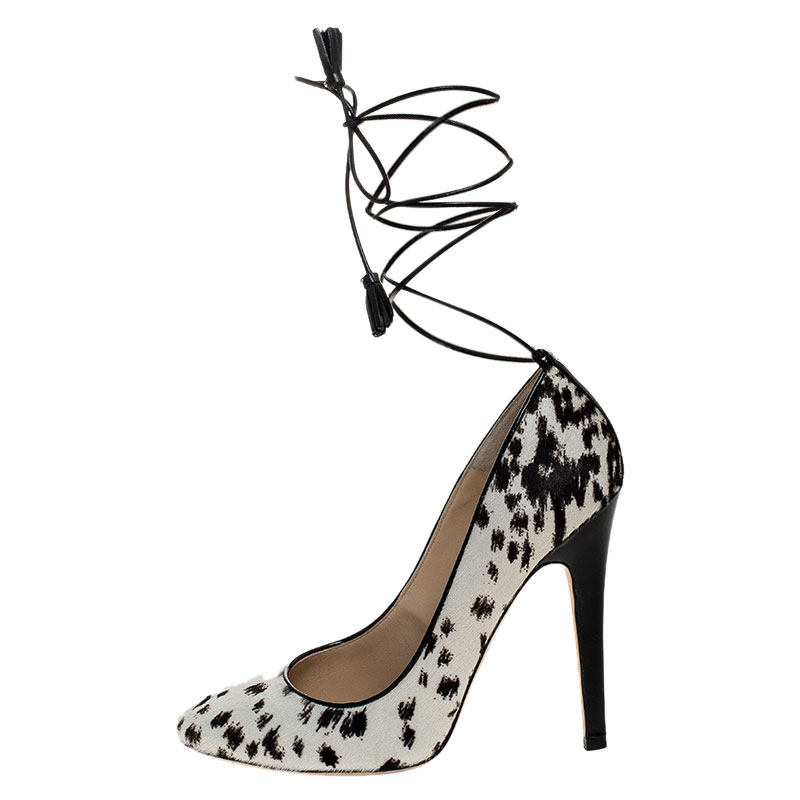 

Jimmy Choo White/Black Printed Pony Hair Cedar Ankle Wrap Pumps Size