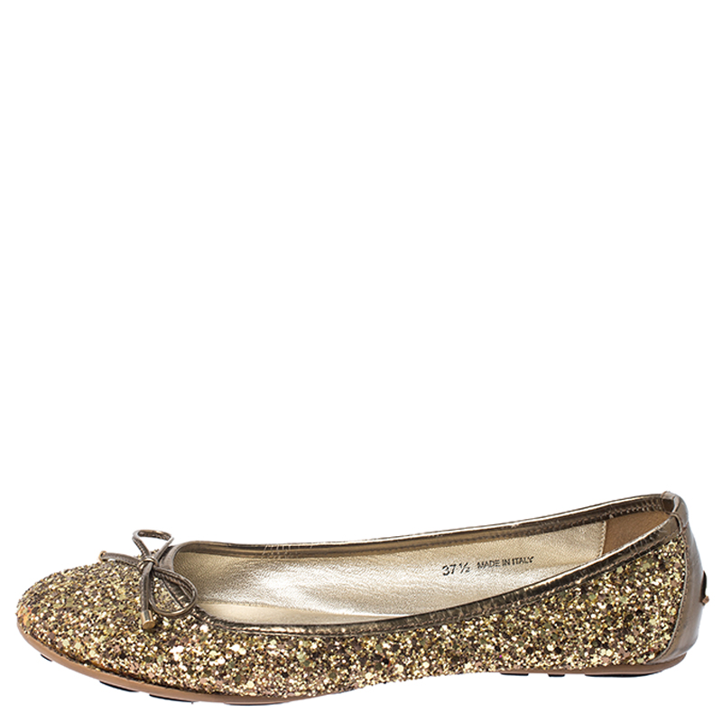 

Jimmy Choo Gold Coarse Glitter Fabric Walsh Bow Ballet Flats Size